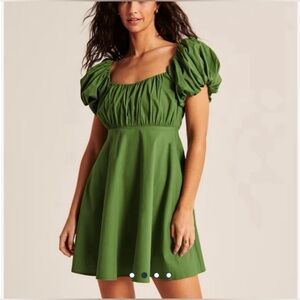 Abercrombie & Fitch Smocked Ruched Poplin Puff Sleeve Mini Dress Green Size LP